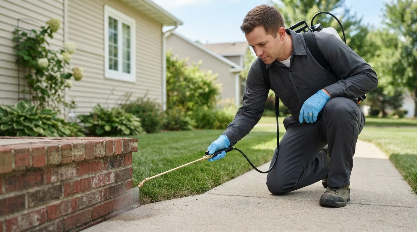 Pest control technician treating a home near Bernard, IA