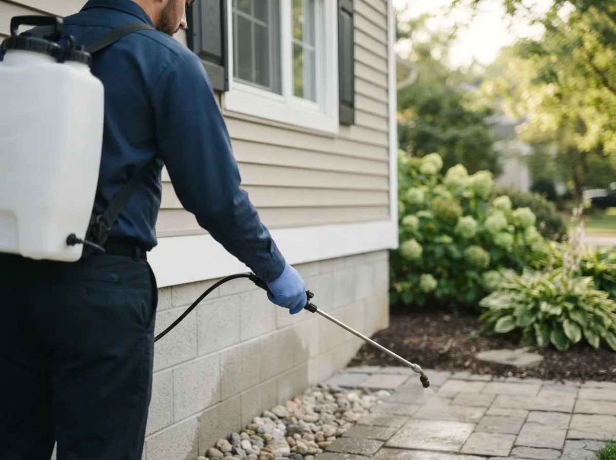 Pest control technician inspecting a home in Bernard, IA